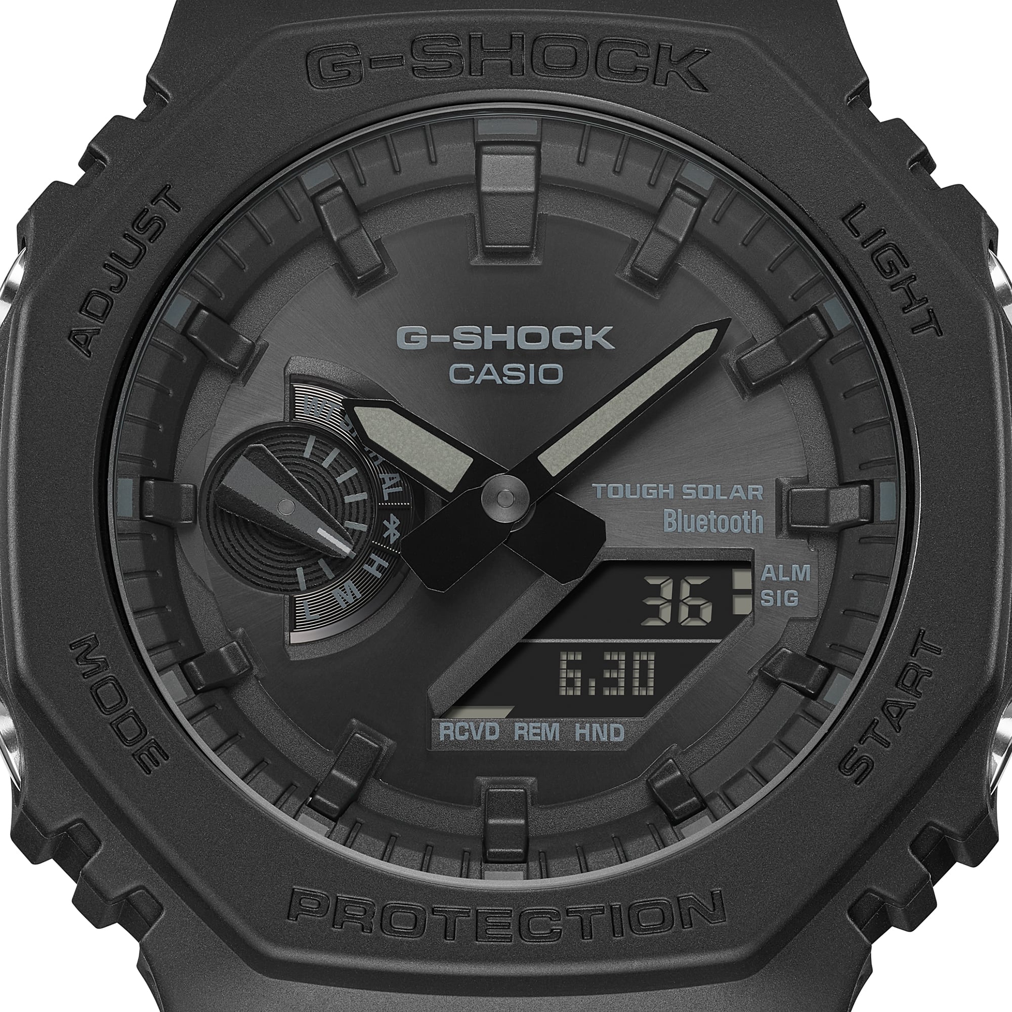 Rugged black G-Shock digital-analog wristwatch with multiple displays and functions.