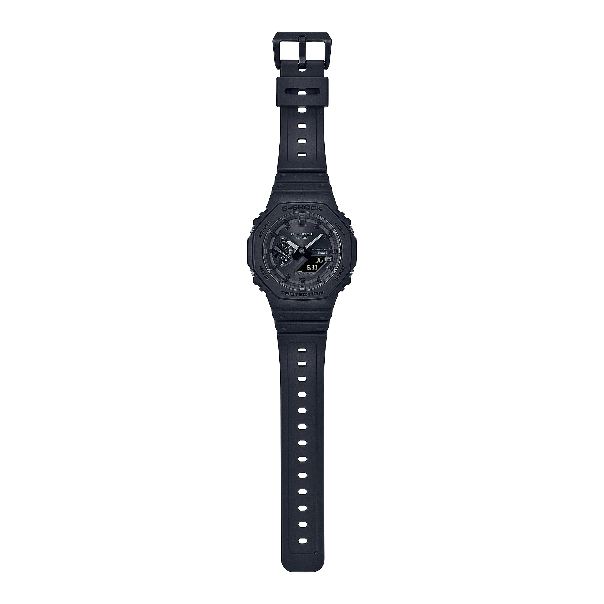 Black digital sports watch with a rugged design and circular face.