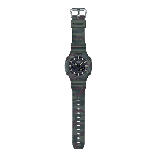 Rugged digital wristwatch with a dark green band and black face.