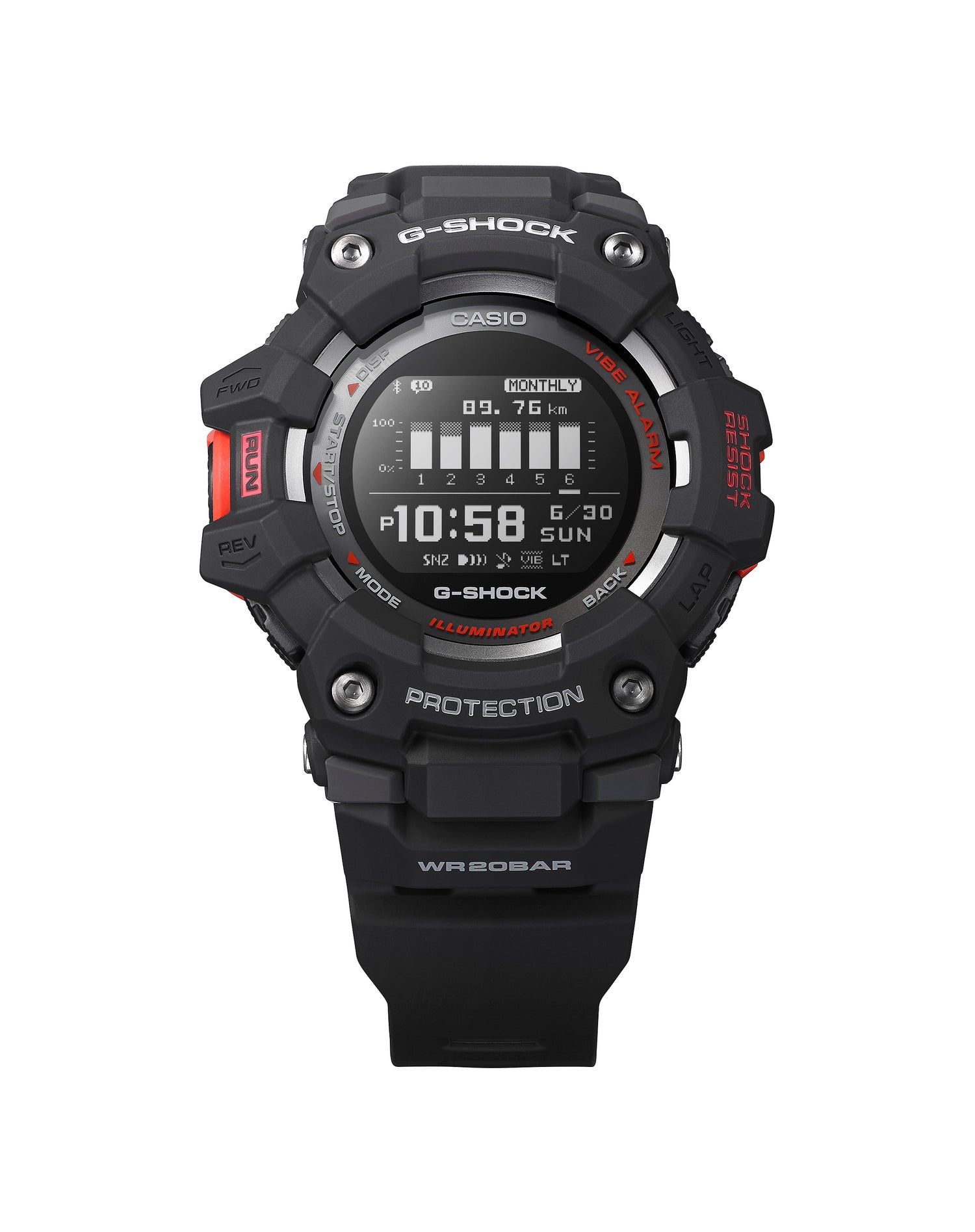 Rugged black G-Shock digital wristwatch with red accents and a prominent display.