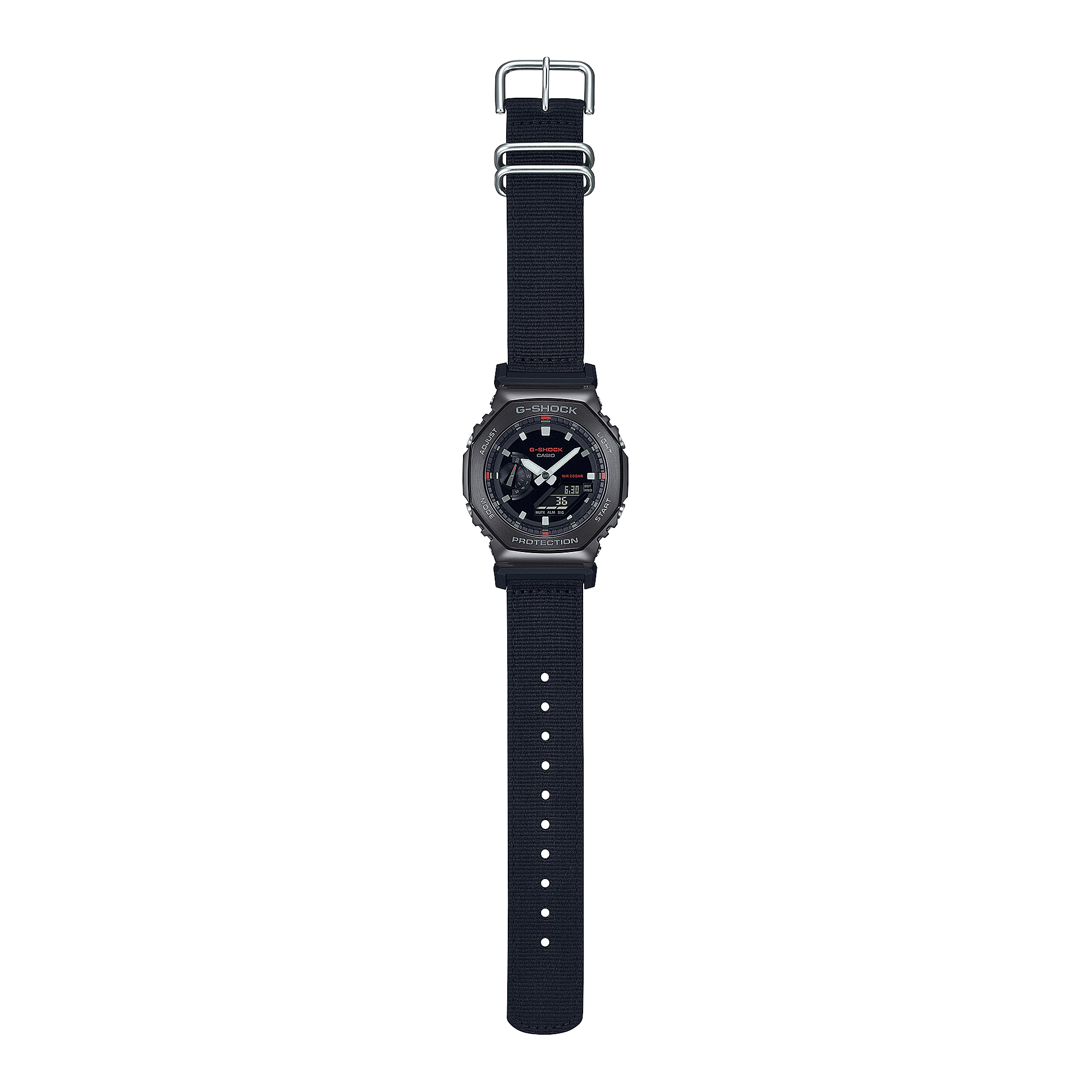 Black digital wristwatch with a round face and fabric strap.