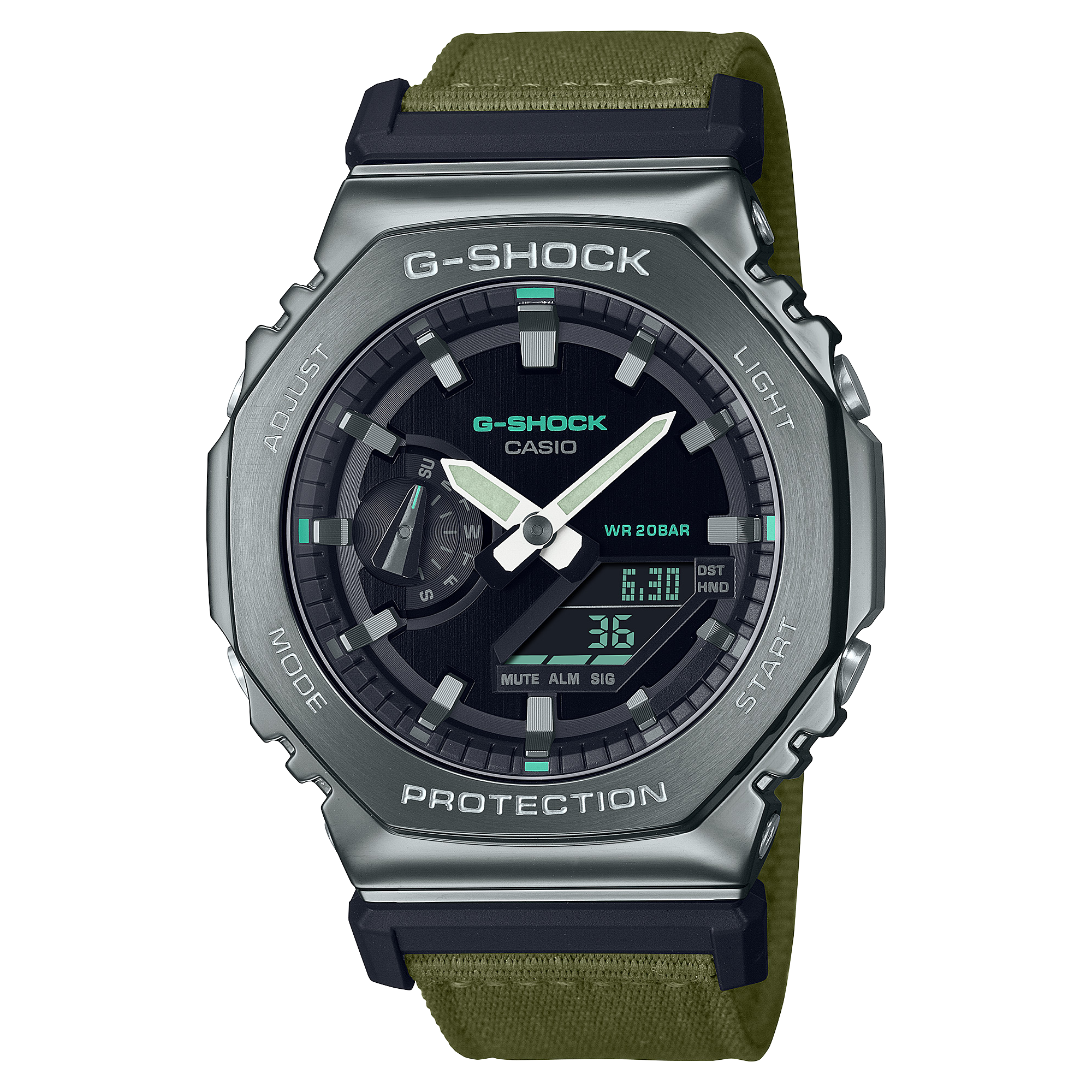 G-Shock watch with a green fabric strap and metallic gray casing.