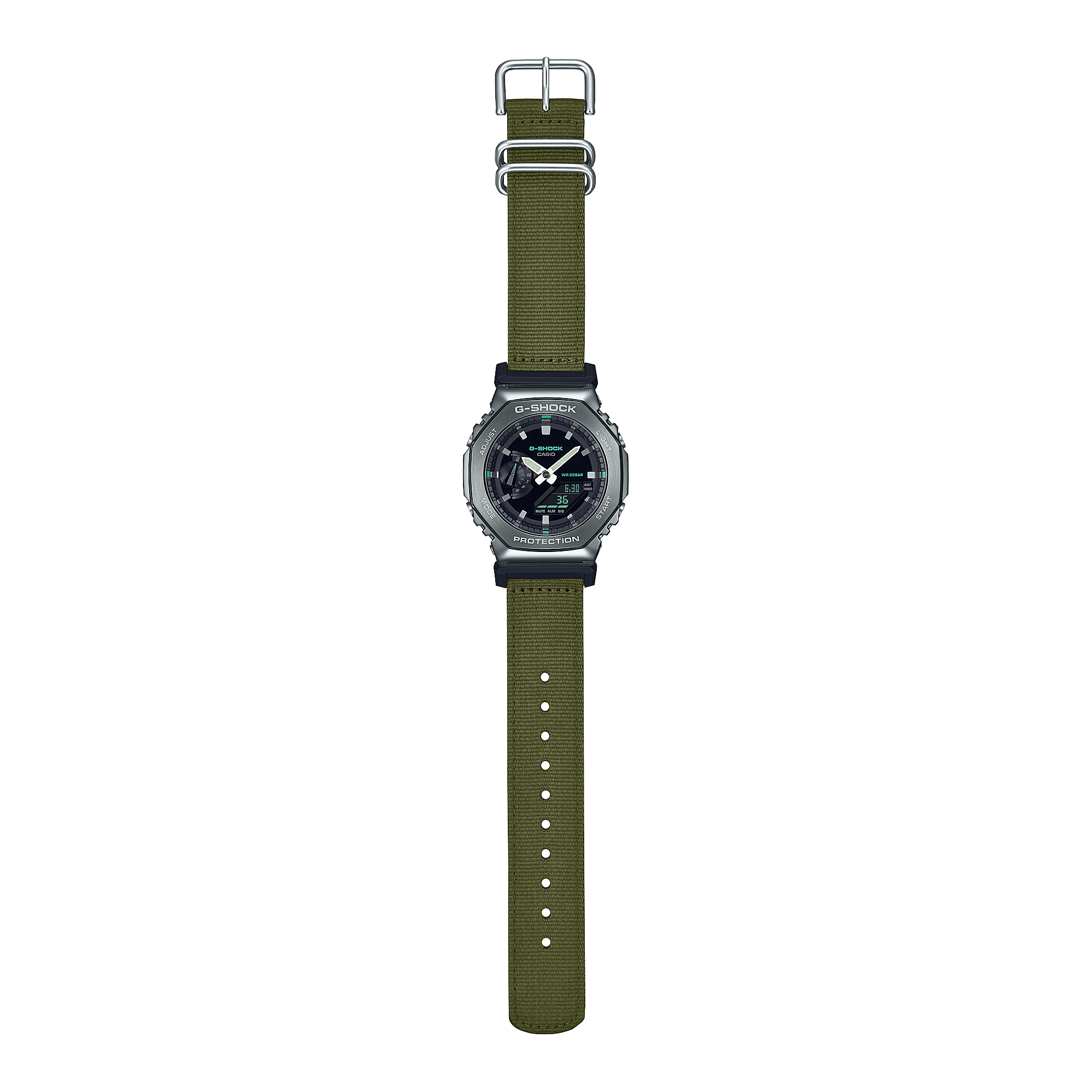 Wristwatch with a green fabric strap and dark circular face.