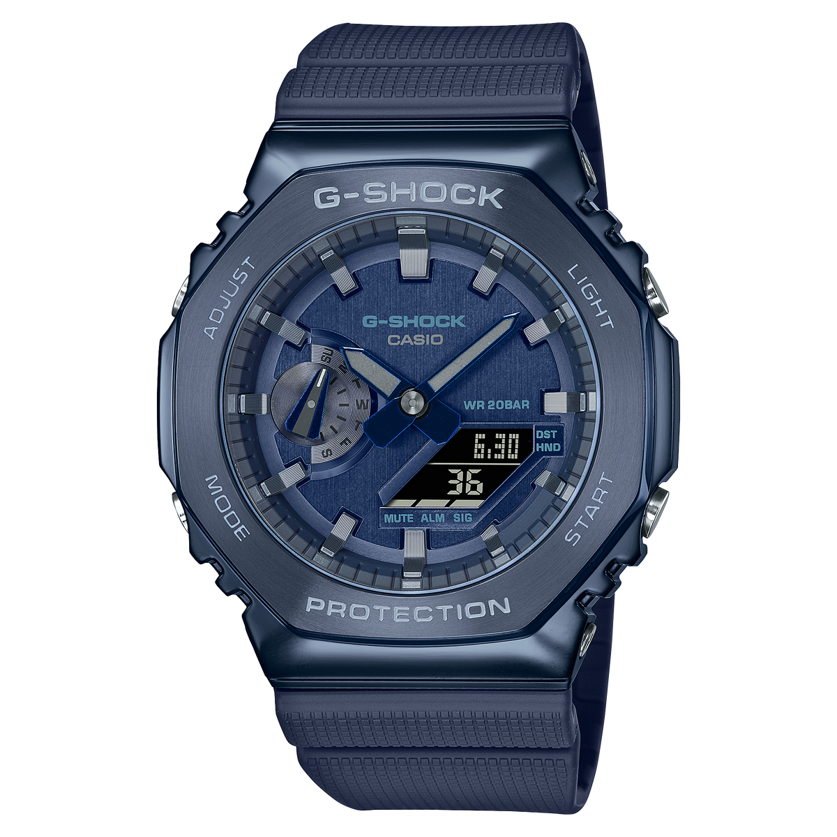 Navy blue G-Shock digital-analog wristwatch with a rugged design.