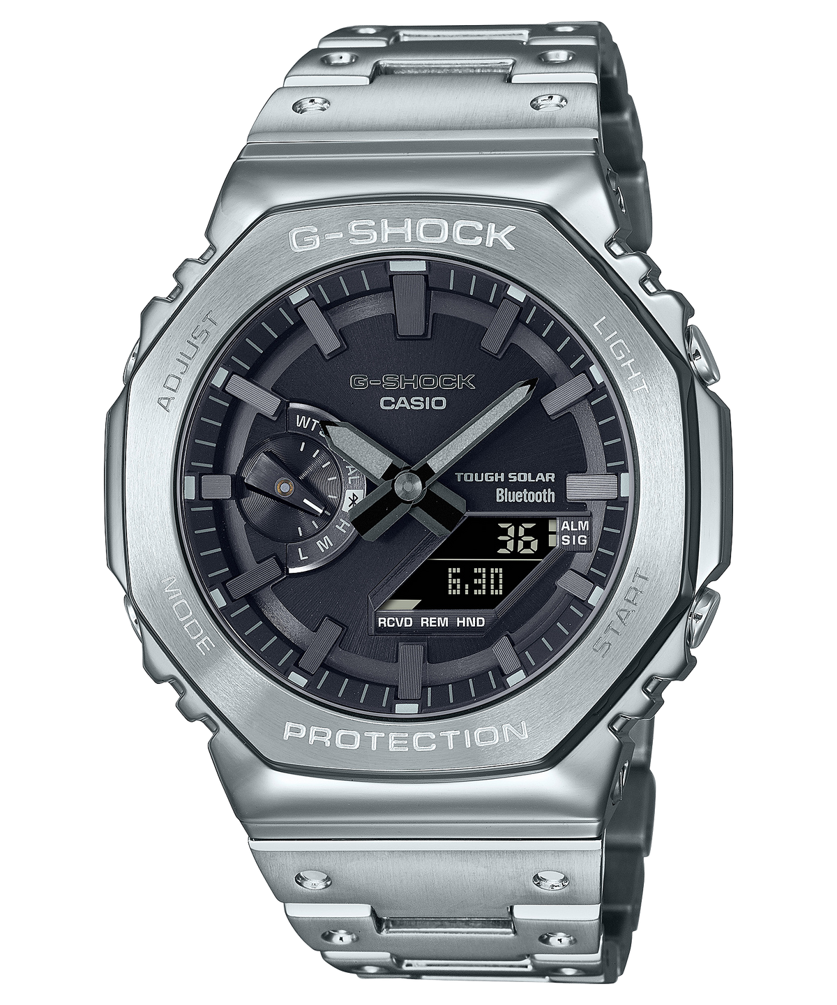 Silver G-Shock wristwatch with a black dial and digital-analog display.