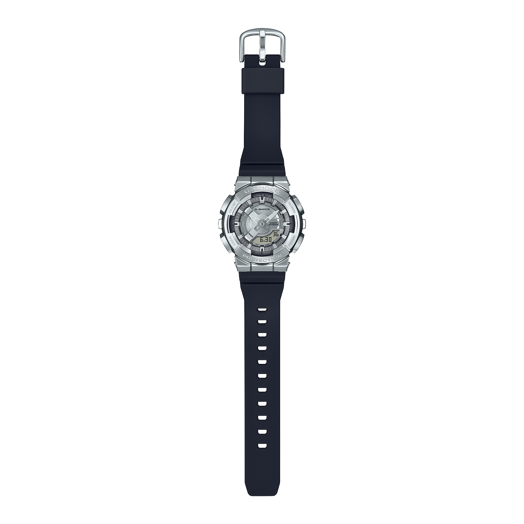Wristwatch with a silver case and black rubber strap.