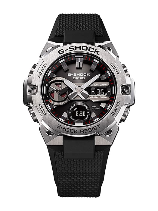 G-Shock wristwatch with a black band and silver metallic case featuring multiple dials and digital displays.