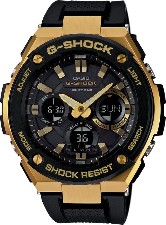 Gold and black G-Shock wristwatch with multiple dials and a digital display.