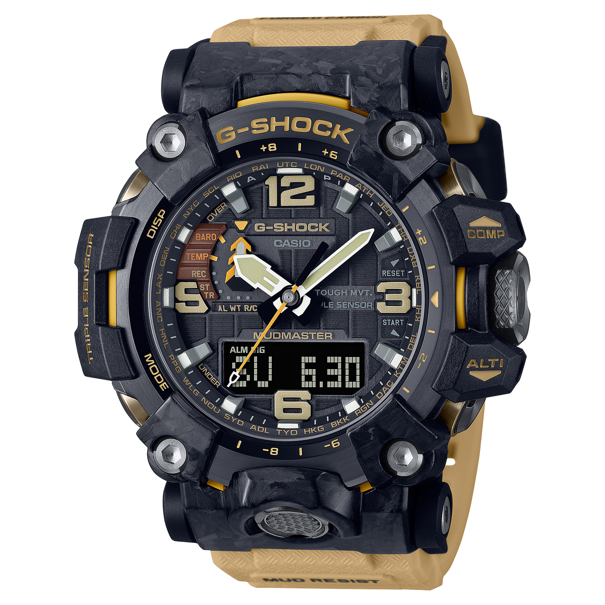 Rugged G-Shock wristwatch with a black and tan color scheme featuring both analog and digital displays.