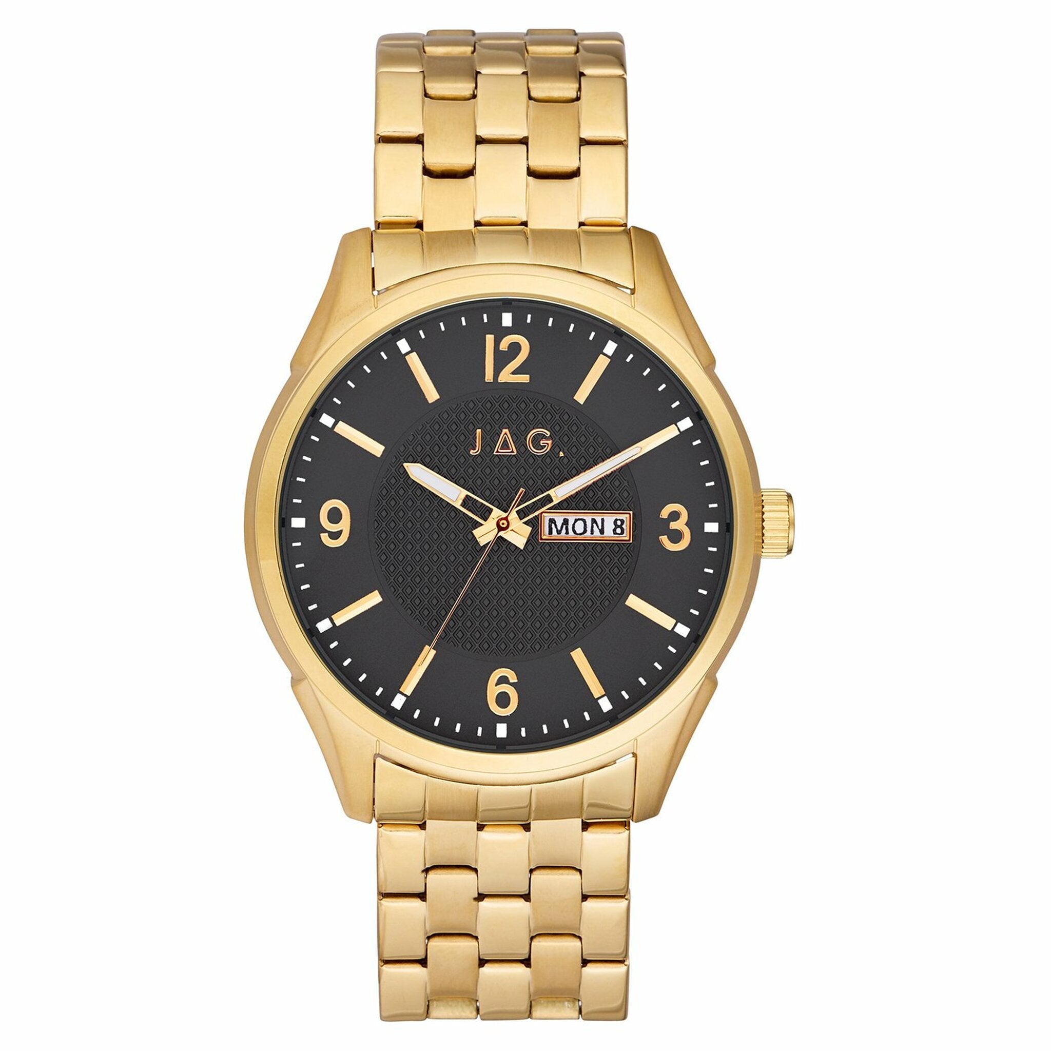 Gold-toned wristwatch with a black dial and day-date display.