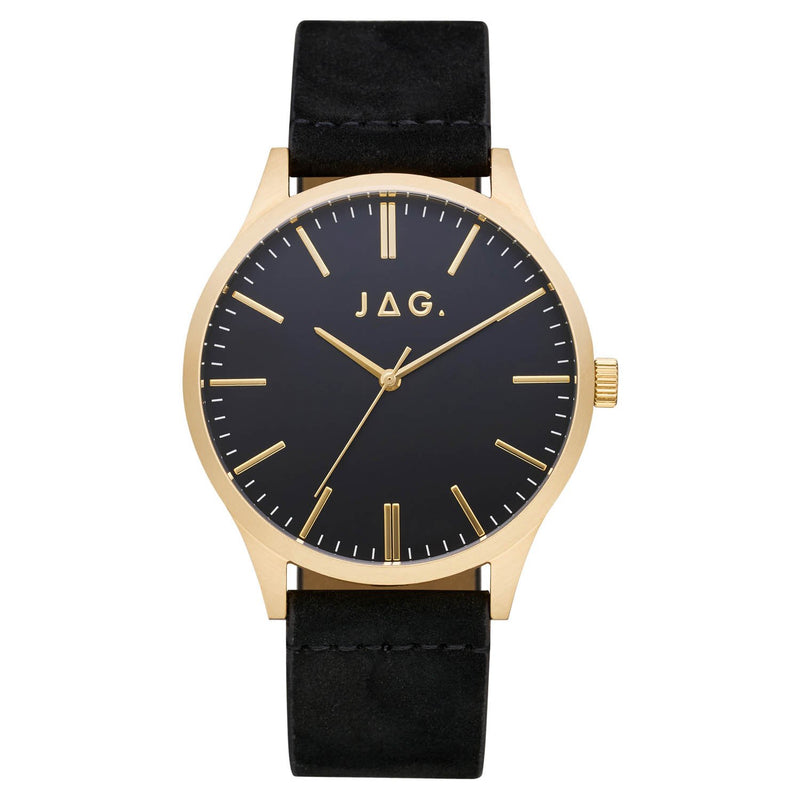 Gold-toned wristwatch with a black face and leather strap.