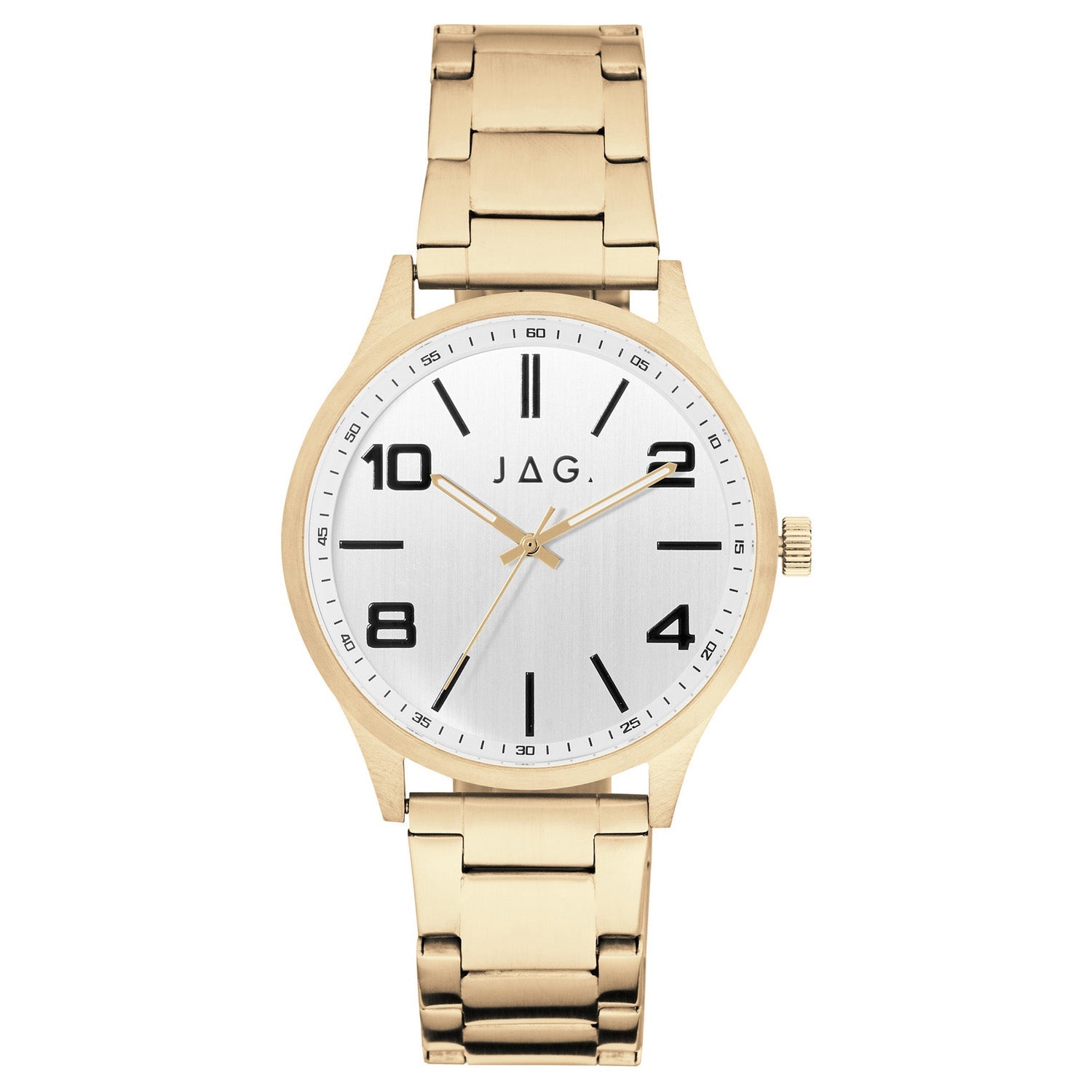 Gold-toned wristwatch with a white dial and bold black numerals.
