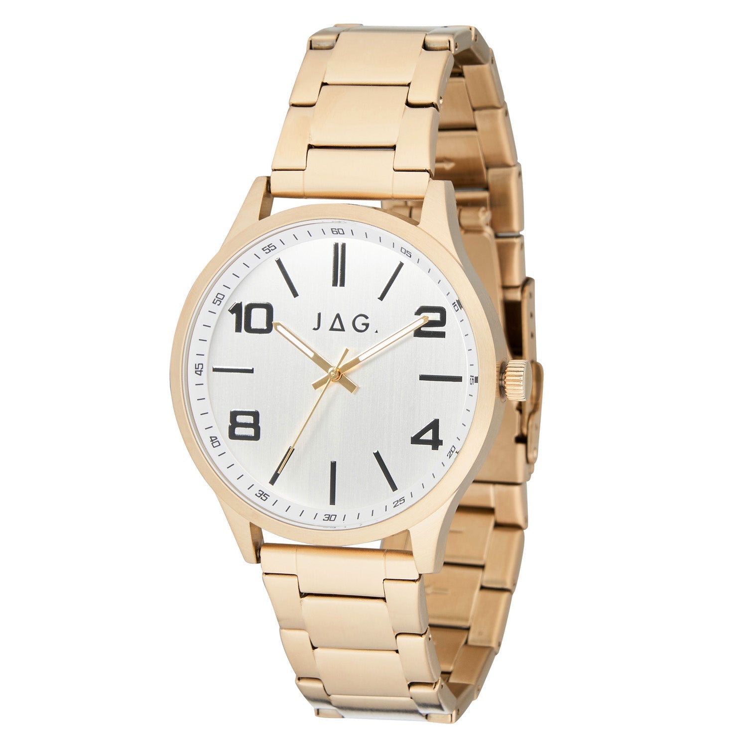 Gold-toned wristwatch with a white dial and metal bracelet.