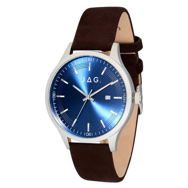 Wristwatch with a blue dial face and brown leather strap.