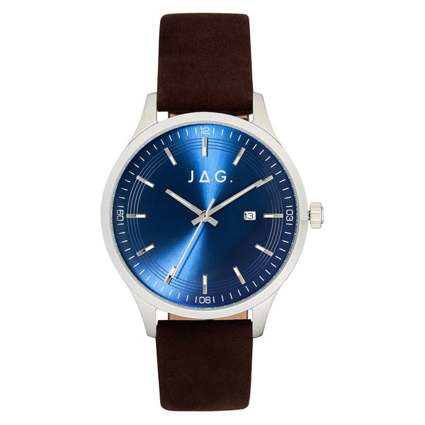 Wristwatch with a blue dial face and brown leather strap.