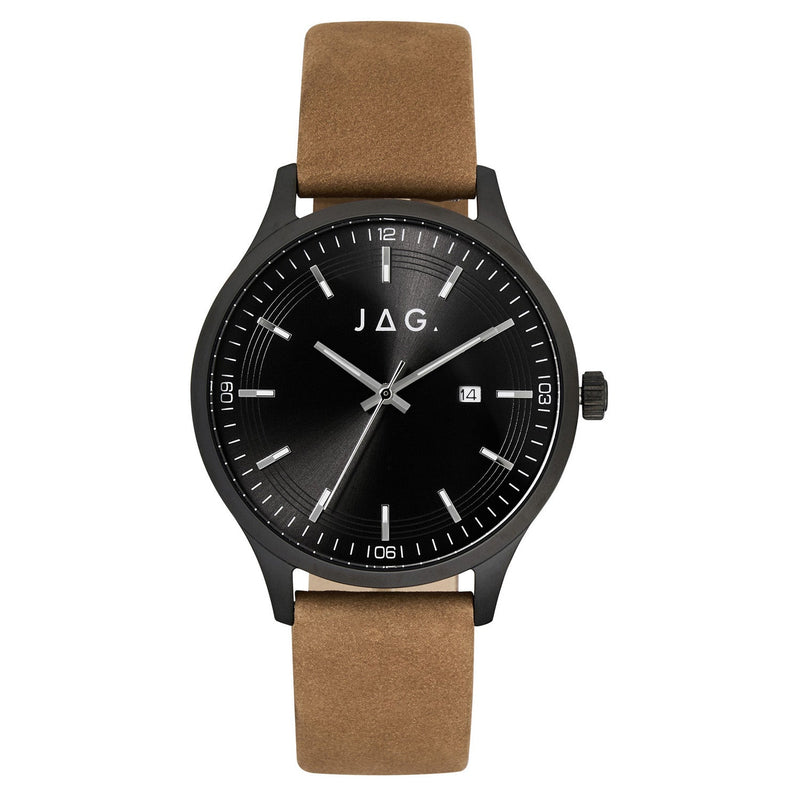 Wristwatch with a black face and tan leather strap.