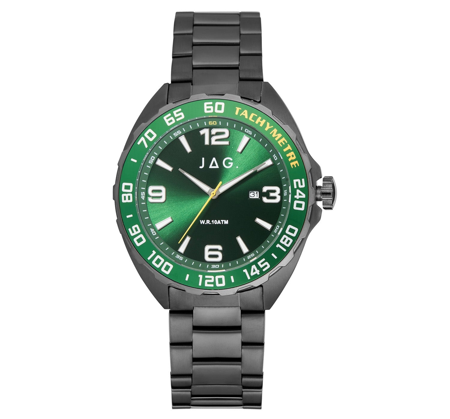 Wristwatch with a green dial and black metal bracelet.