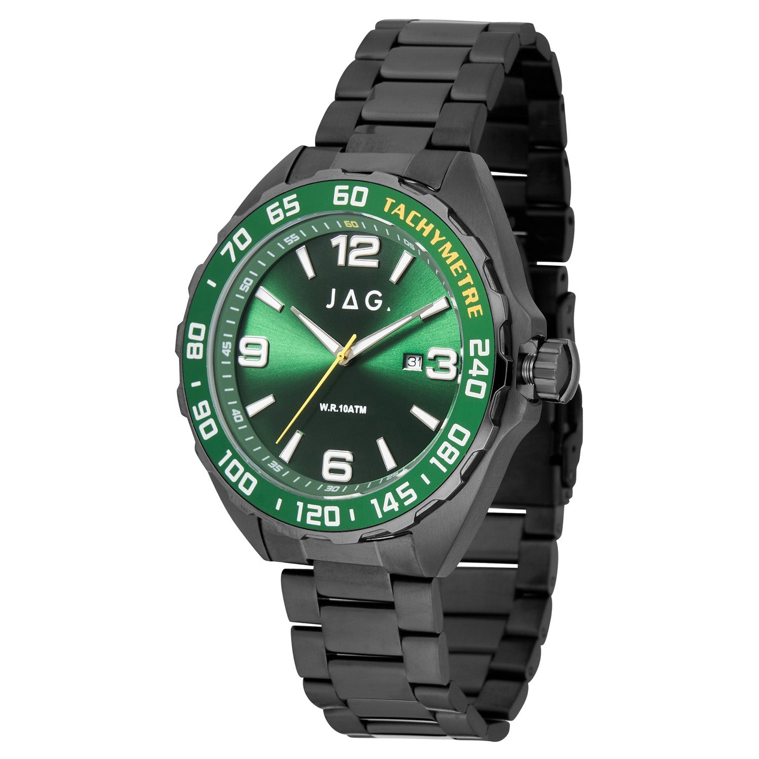 Wristwatch with a black metal band and green dial face.