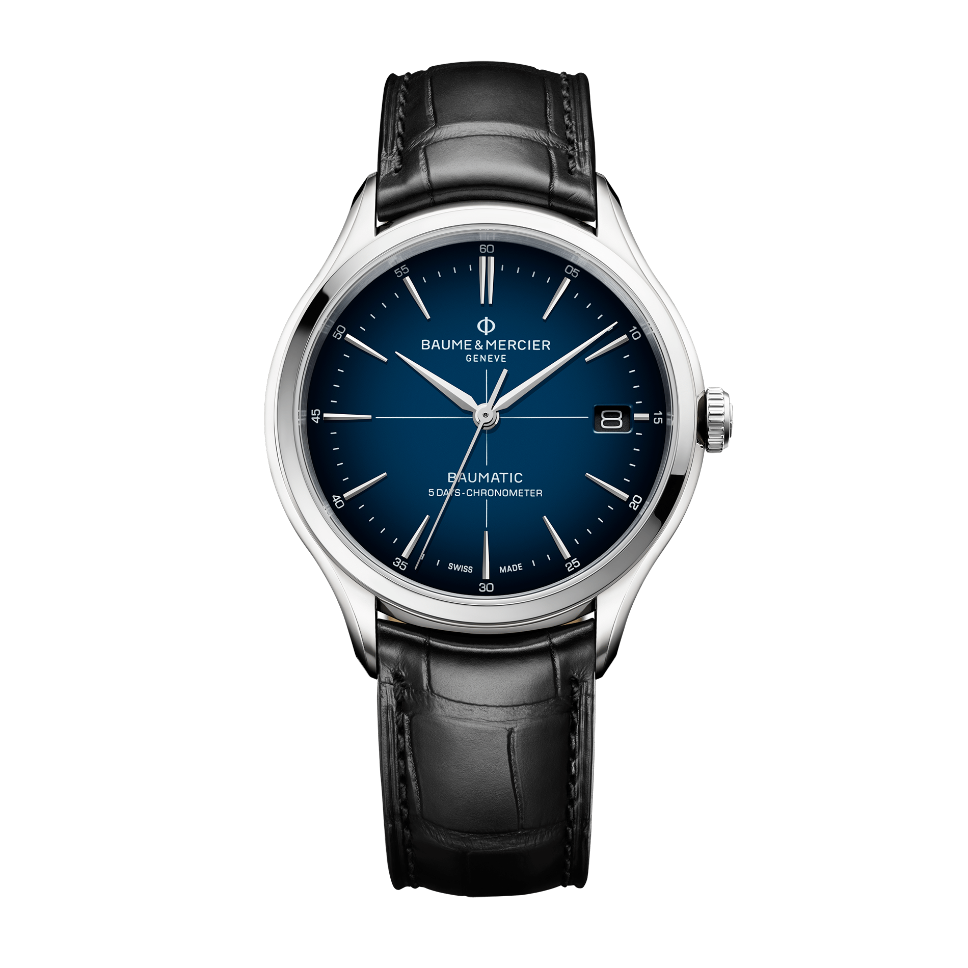 Elegant wristwatch with a blue dial, silver case, and black leather strap.