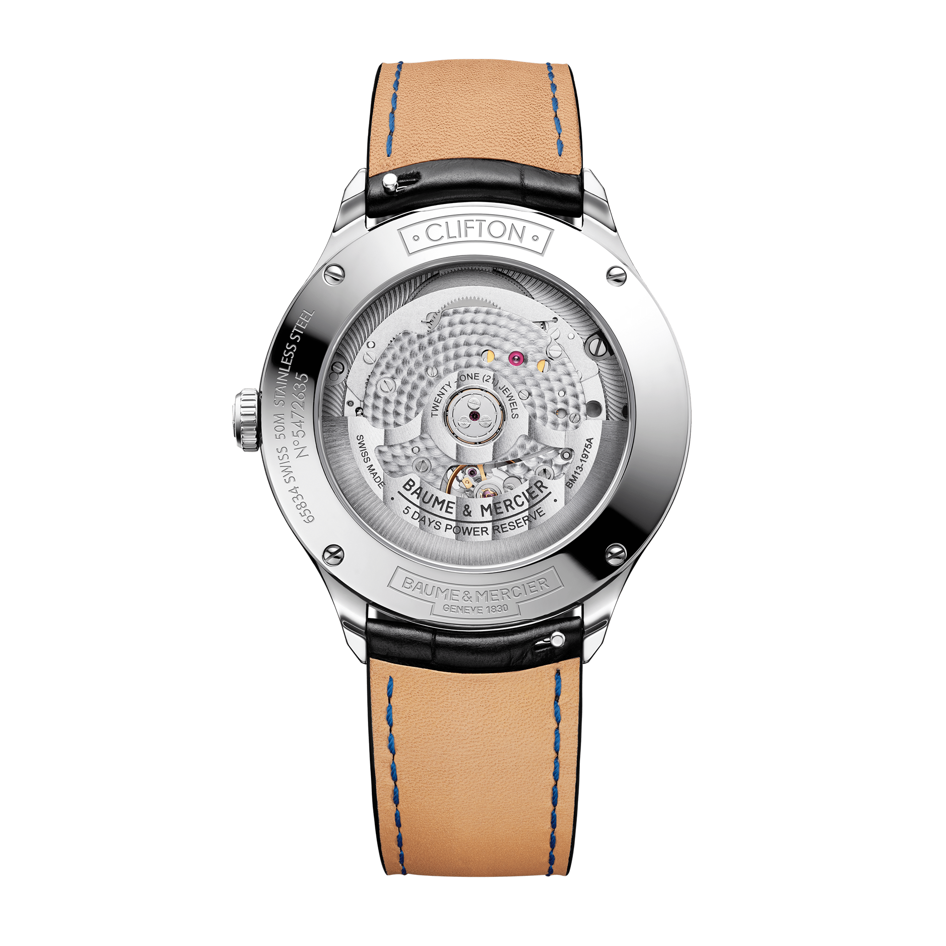 Luxury wristwatch with a tan leather strap and visible mechanical movement through the transparent caseback.