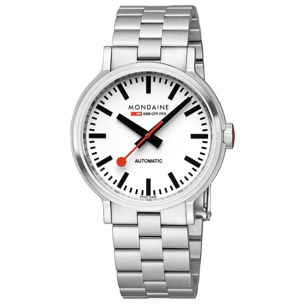 Stainless steel Mondaine wristwatch with a white dial and red second hand.