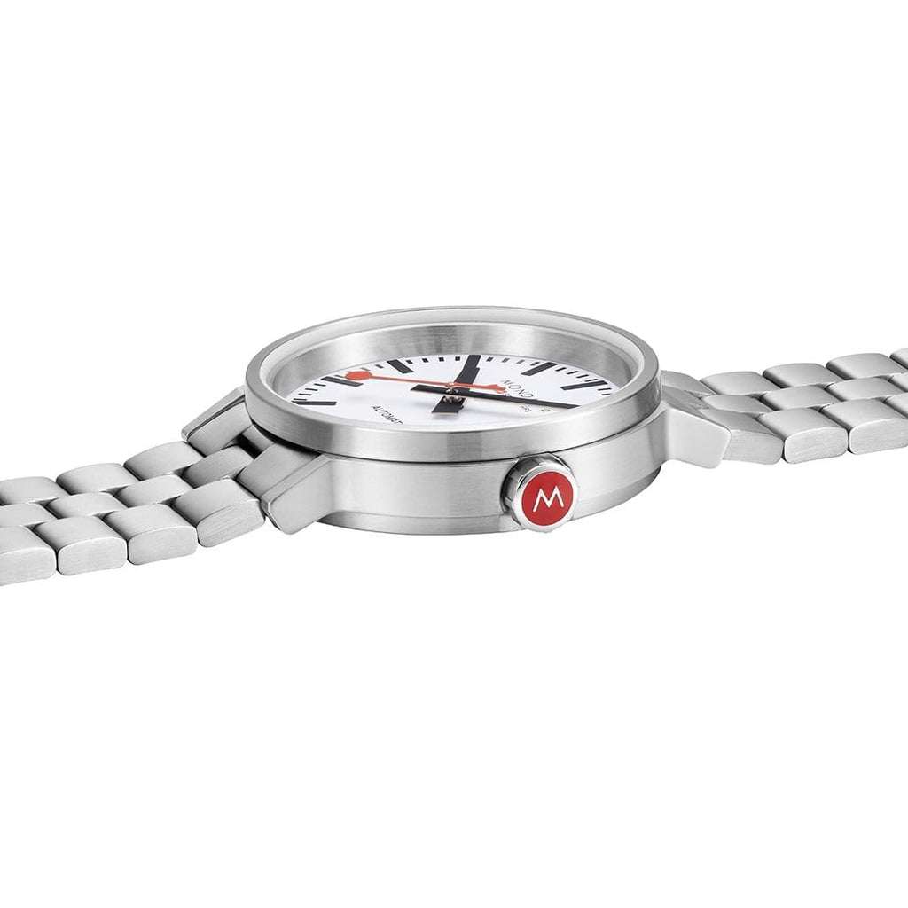 Stainless steel wristwatch with a white dial and red accents.
