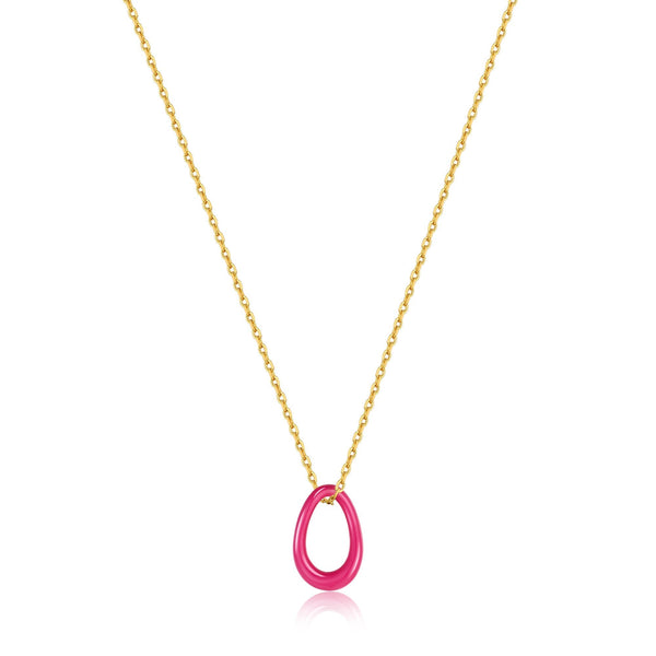 Neon Pink Enamel Gold Twisted Pendant Necklace