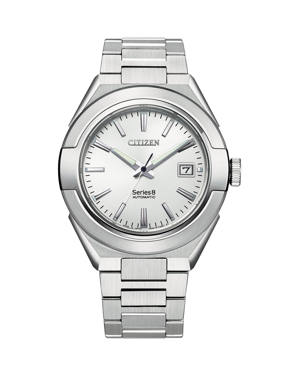 Silver-toned Citizen wristwatch with a white dial and date display.