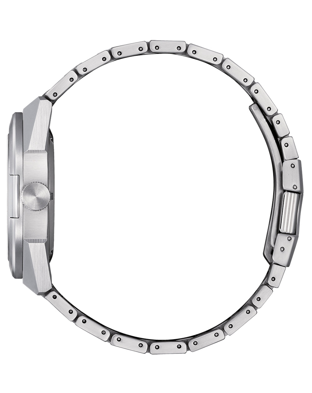 Silver wristwatch with a metal link band and round face.