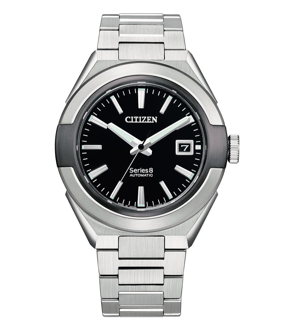 Stainless steel Citizen wristwatch with a black dial and date window.