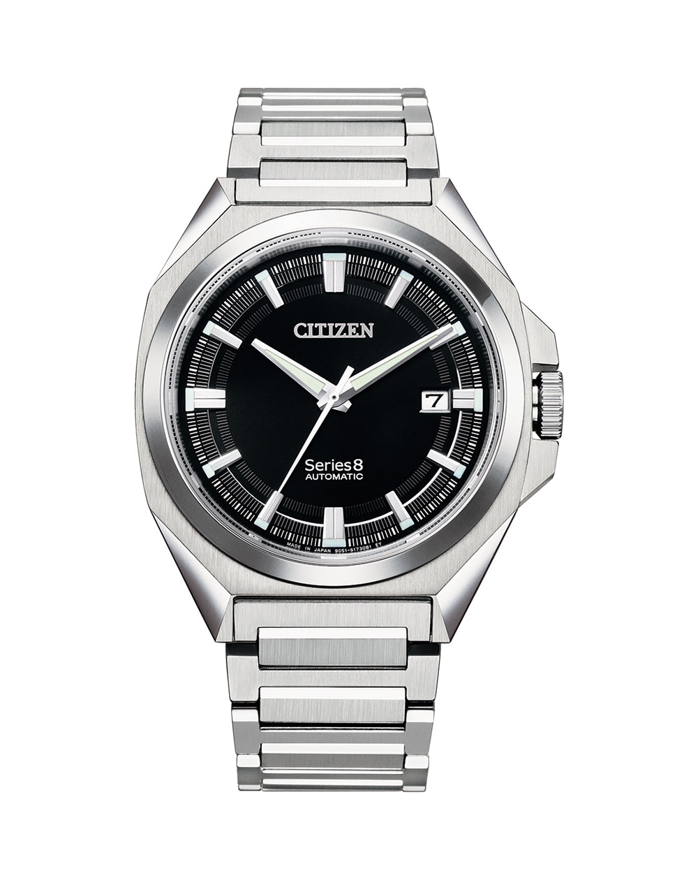 Silver-toned Citizen wristwatch with a black dial and date display.