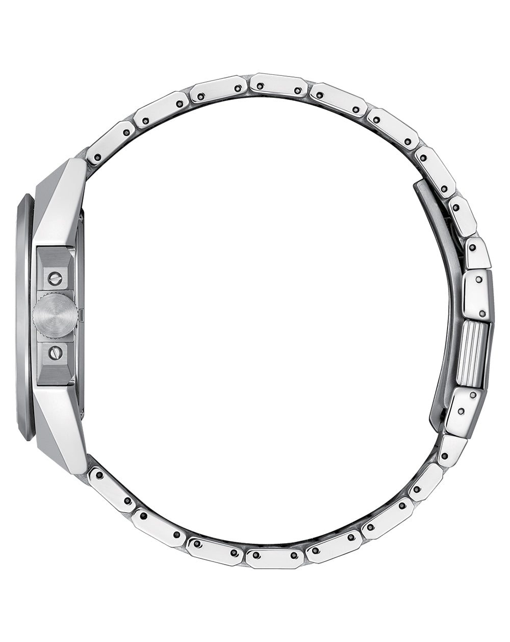 Stainless steel wristwatch with a metal link bracelet viewed from the side.