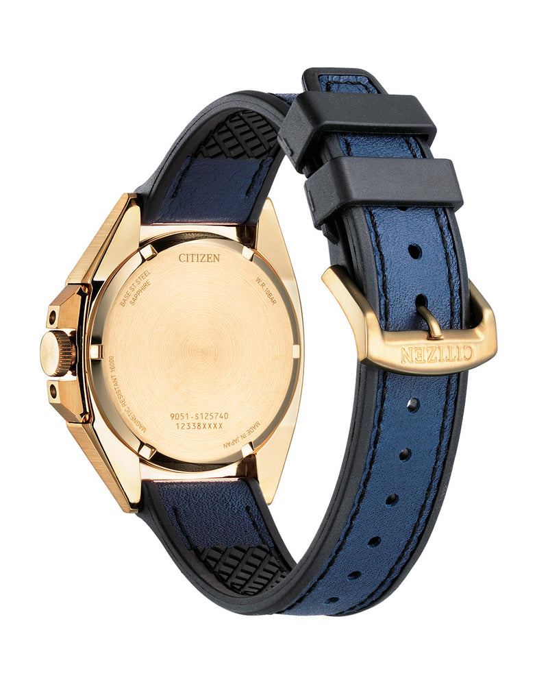 Gold-toned wristwatch with a blue leather strap.
