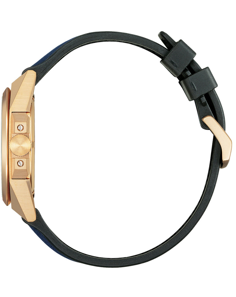 Wristwatch with a gold-colored case and black leather strap.