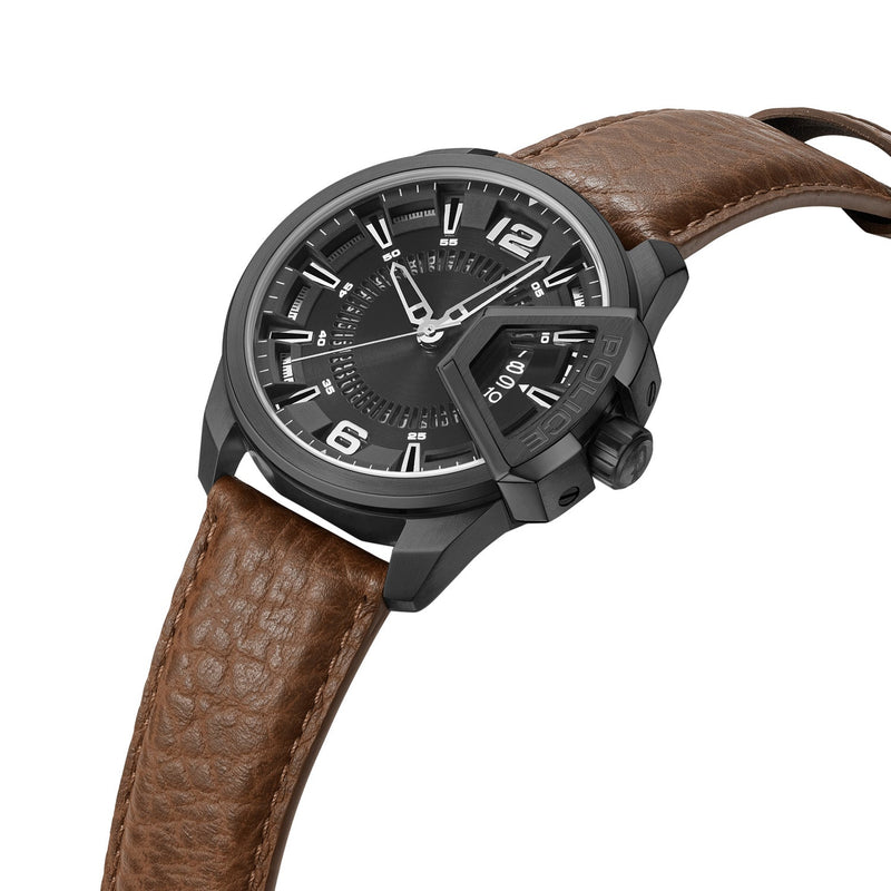 Wristwatch with a black face and brown leather strap.