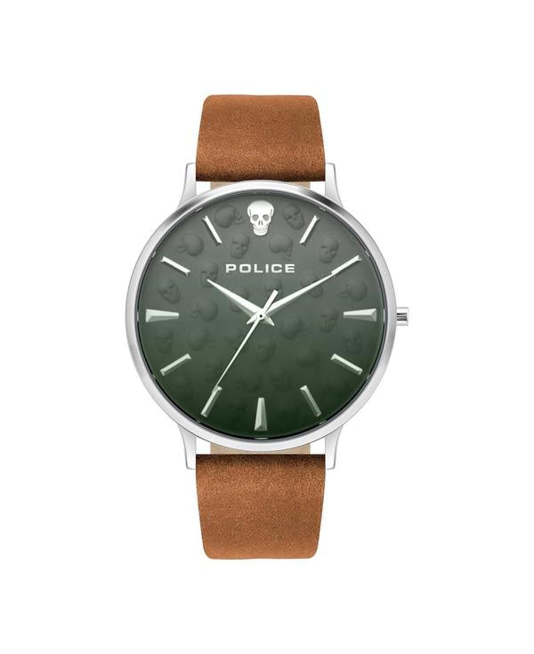 Wristwatch with a green dial, silver case, and brown leather strap.