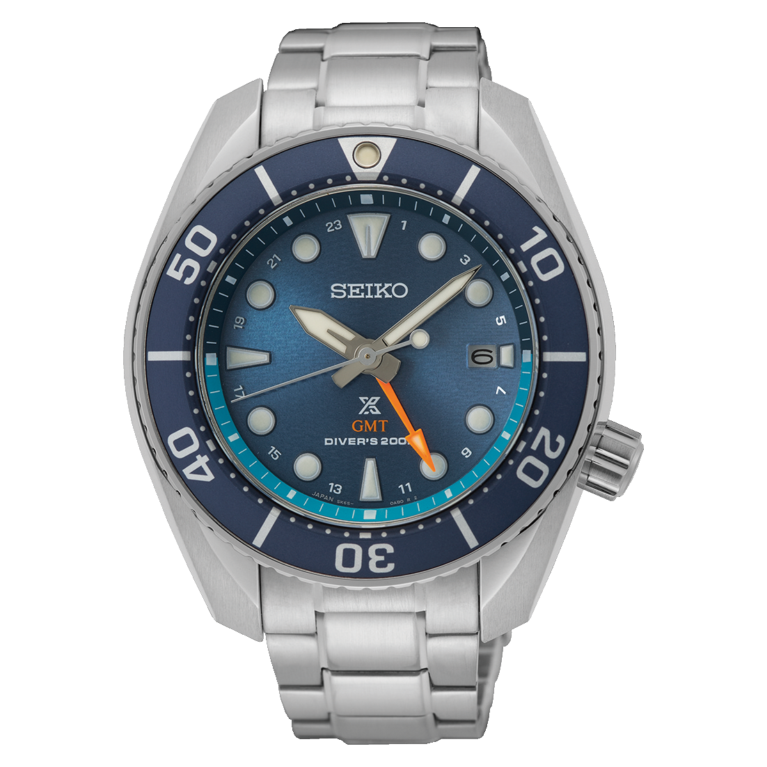 Stainless steel Seiko dive watch with a blue dial and bezel.