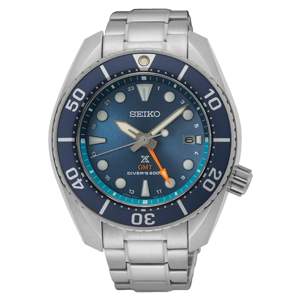 Stainless steel Seiko dive watch with a blue dial and bezel.