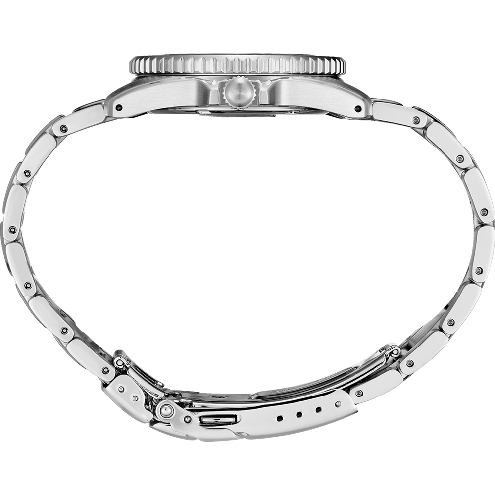 Silver wristwatch with a metal link bracelet and ridged bezel.