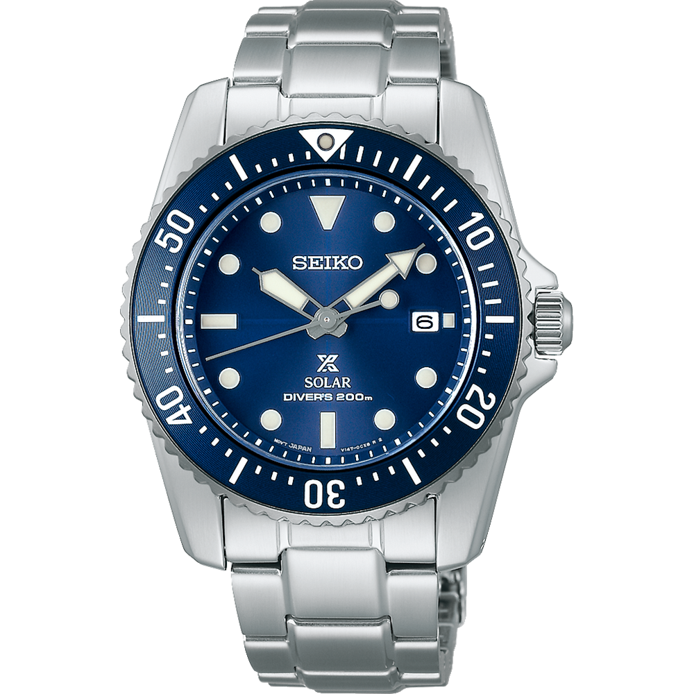 Seiko dive watch with a blue dial and stainless steel bracelet.