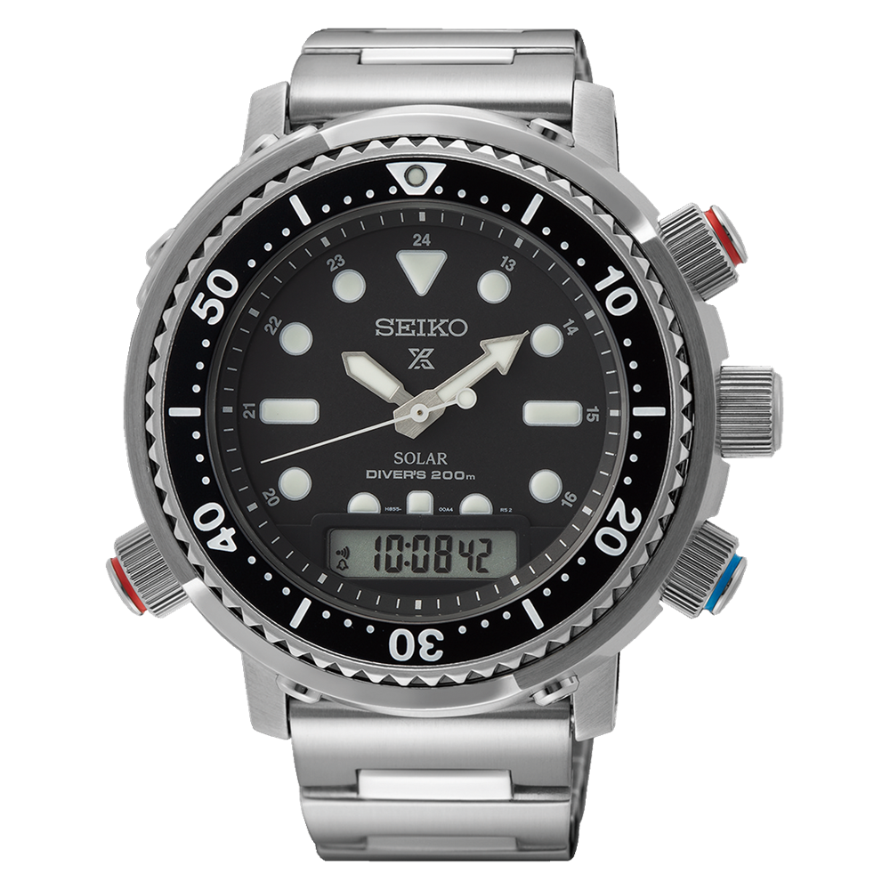 Seiko dive watch with analog and digital displays, featuring a black dial and stainless steel bracelet.