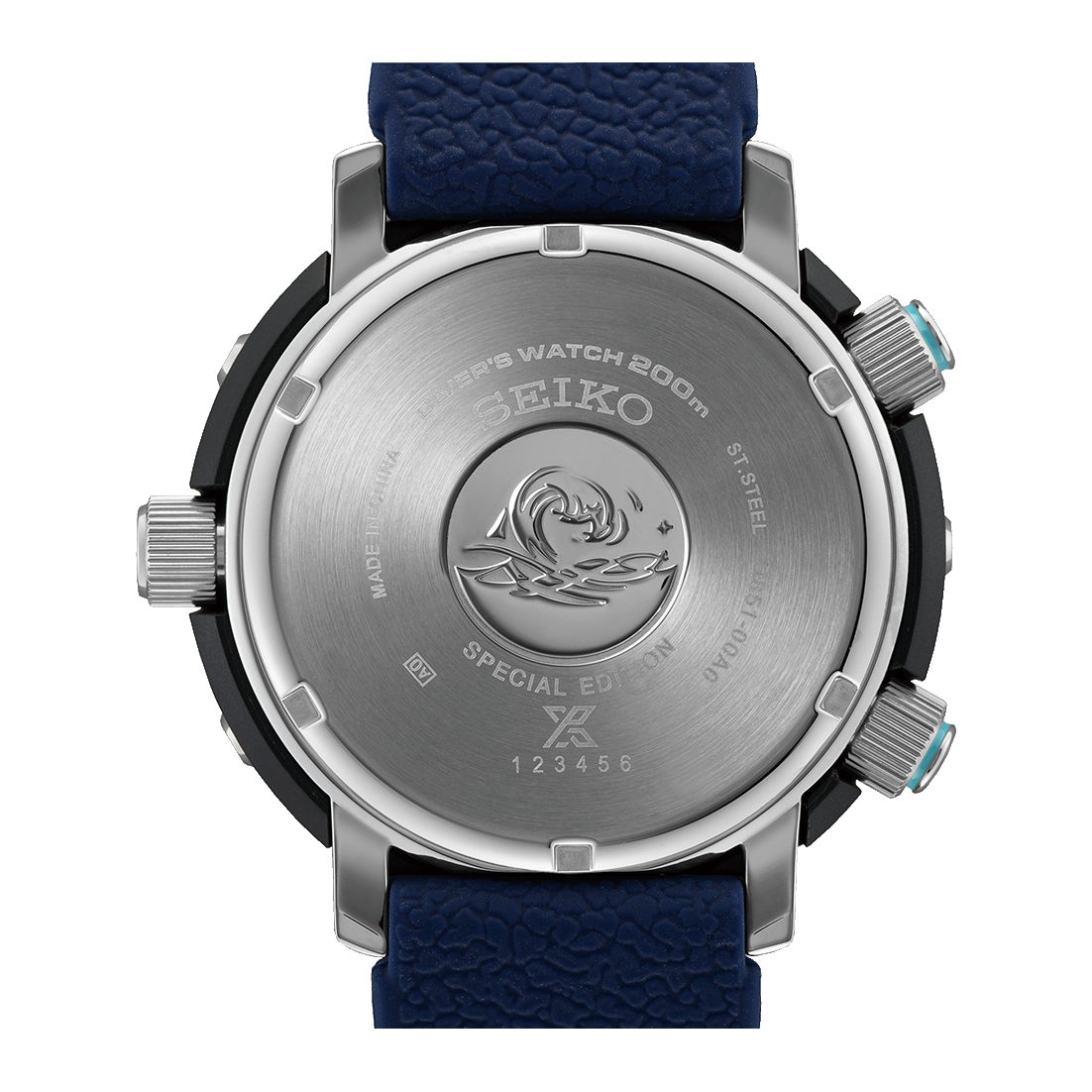 Back of a Seiko wristwatch with a blue strap and silver case.