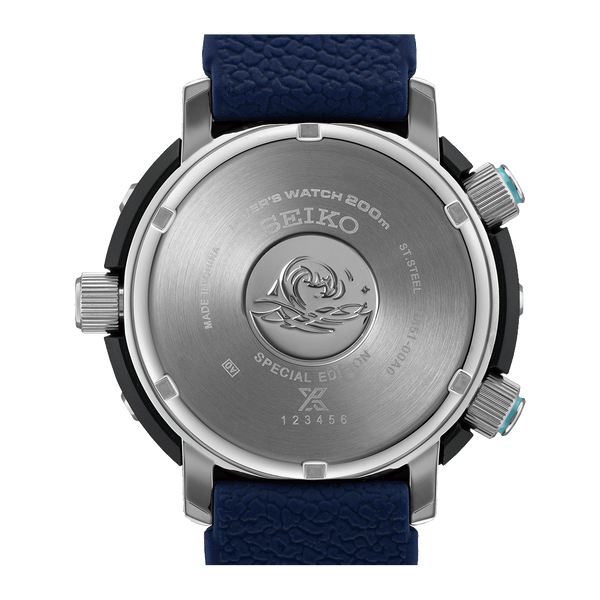 Back of a Seiko wristwatch with a blue strap and silver case.