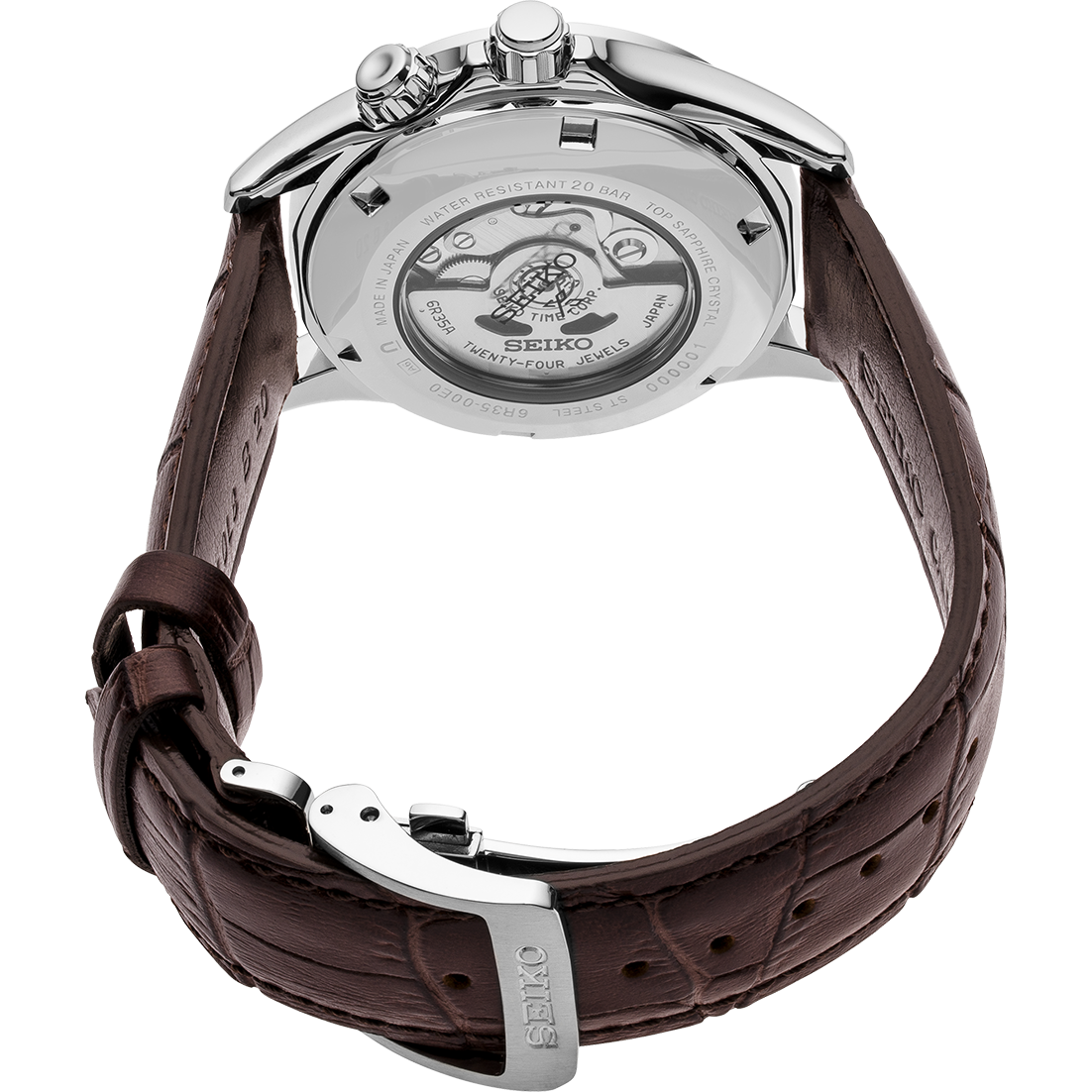 Luxury wristwatch with a brown leather strap and visible mechanical movement through the transparent case back.