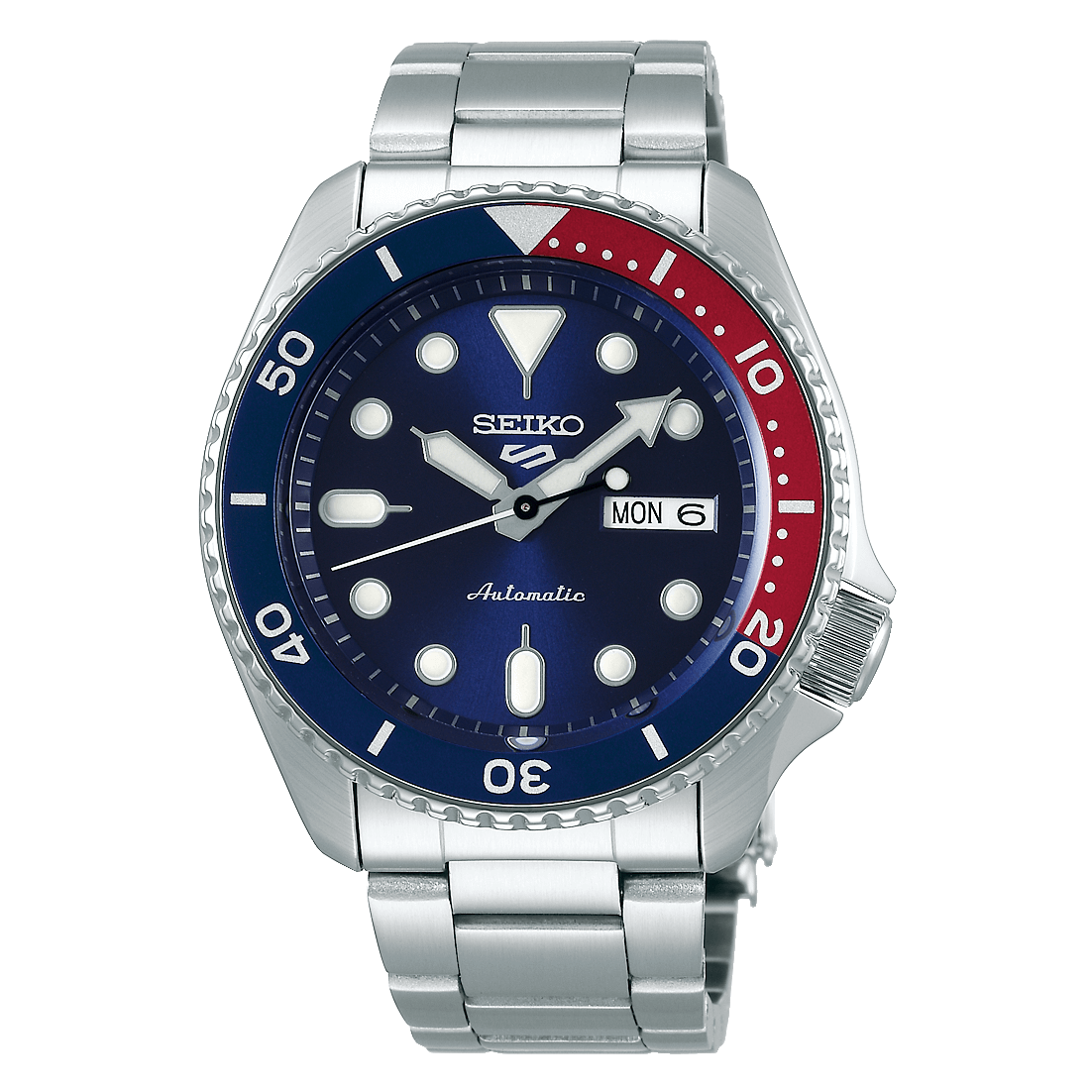 Seiko 5 Sports automatic dive watch with blue and red bezel.