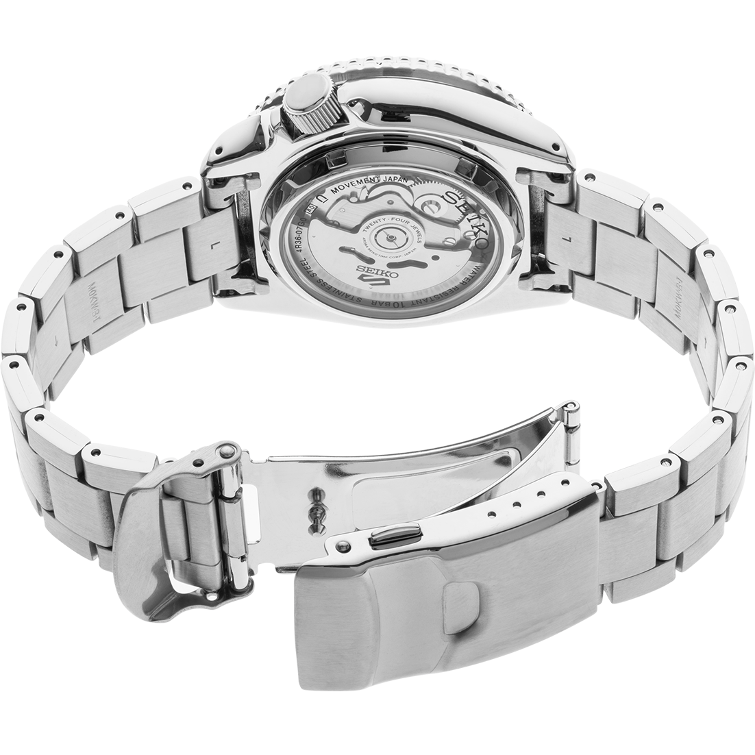 Stainless steel wristwatch with its back case open, revealing the internal movement mechanism.