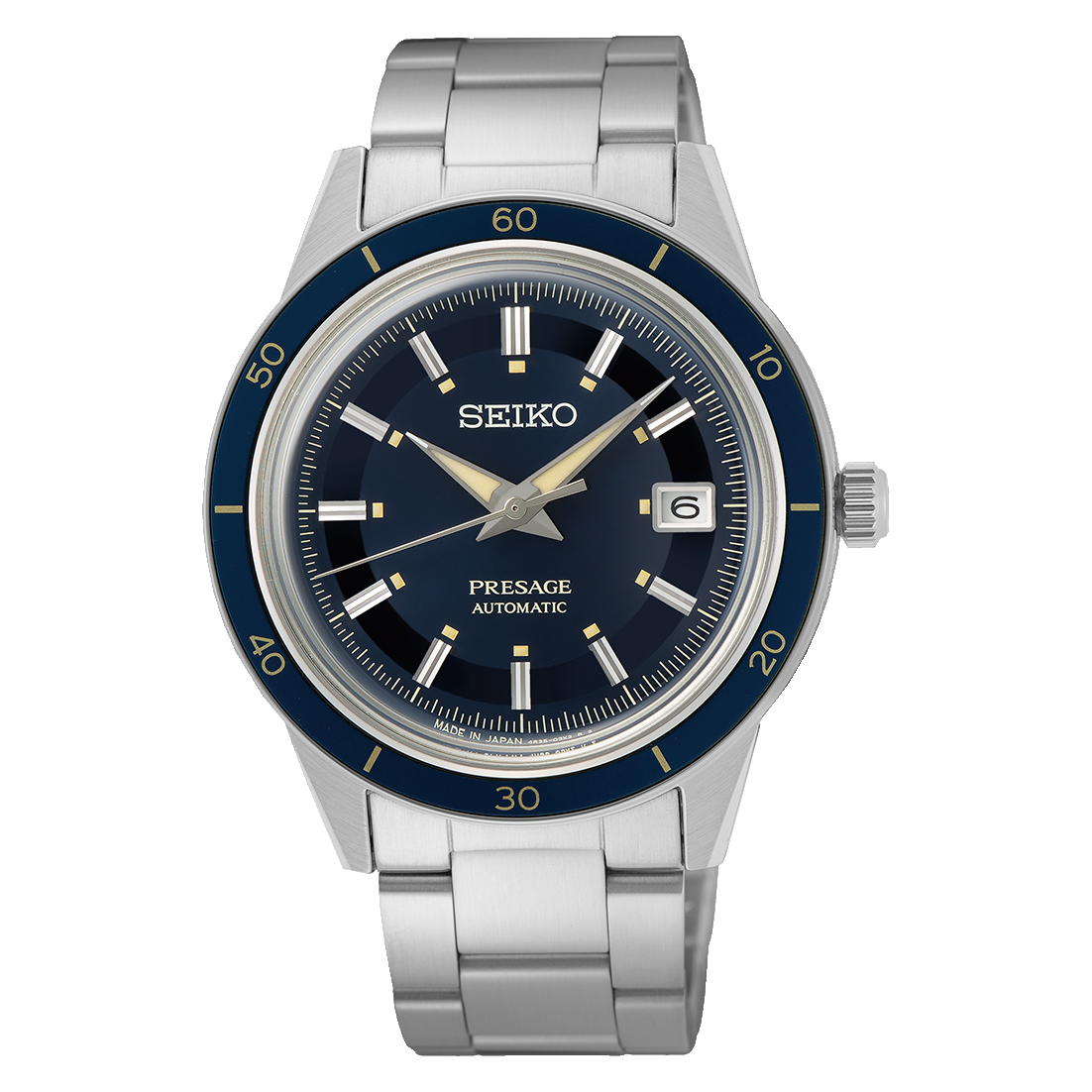 Seiko Presage wristwatch with a blue dial and stainless steel bracelet.