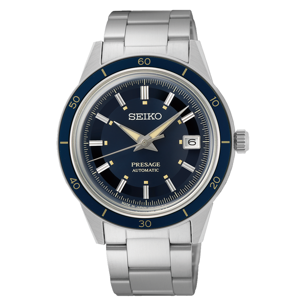 Seiko Presage wristwatch with a blue dial and stainless steel bracelet.