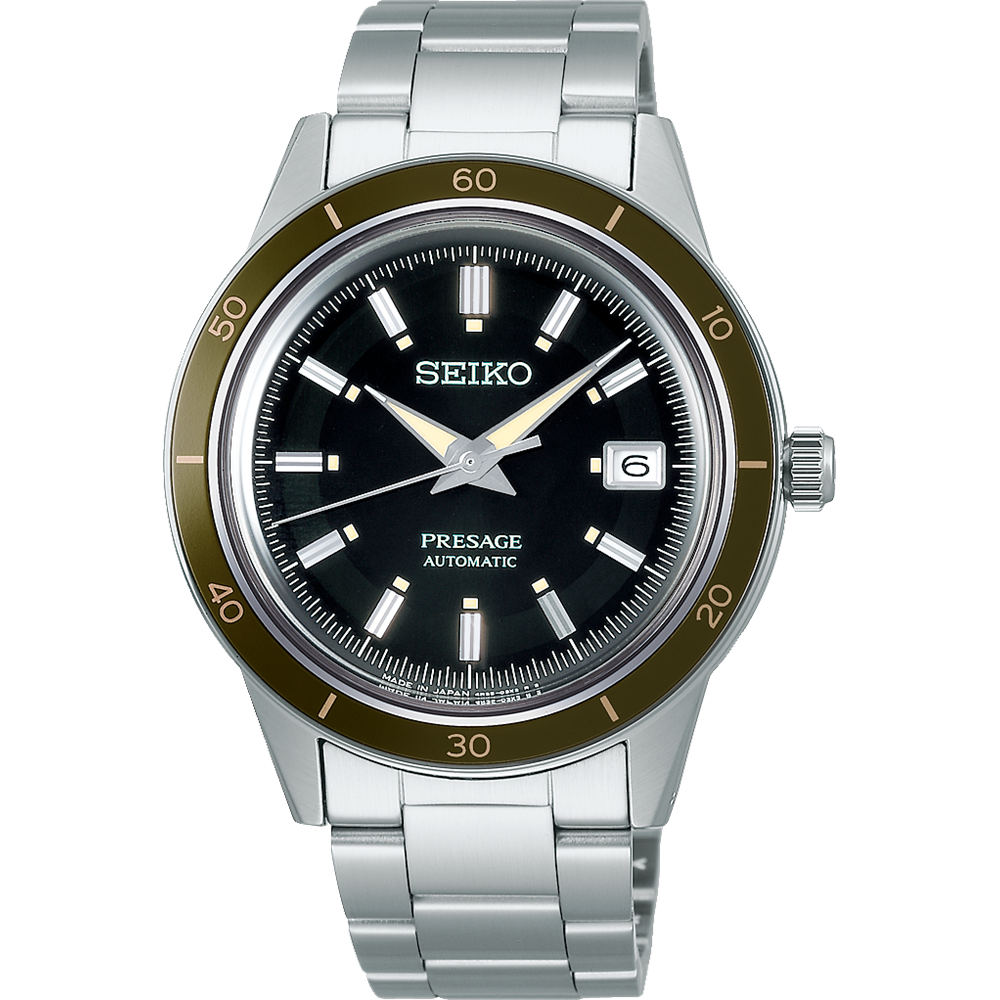 Seiko Presage automatic wristwatch with a black dial and olive green bezel.