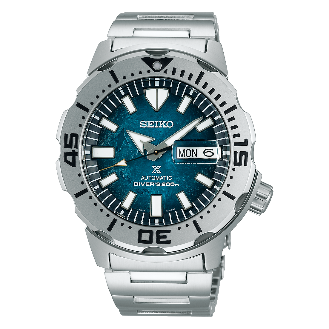 Stainless steel Seiko dive watch with a blue dial and day-date display.